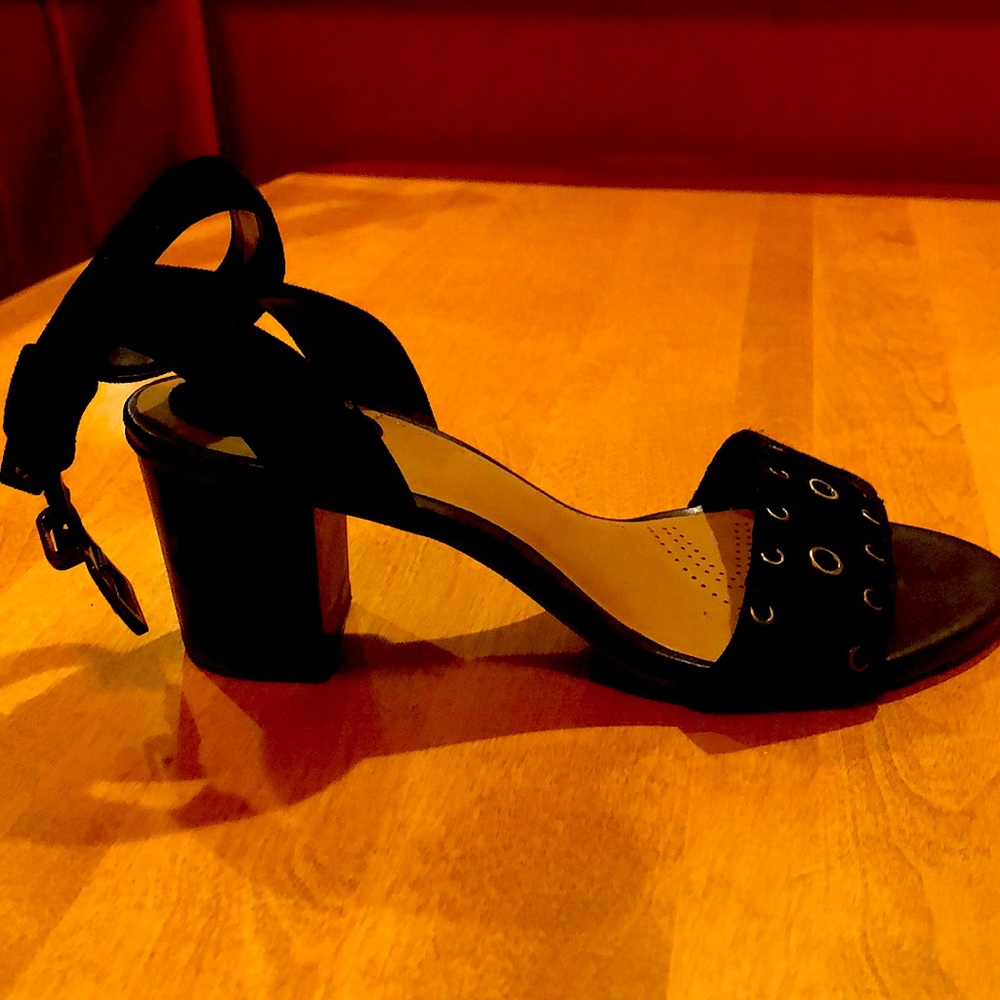 Clarks Black Suede Heeled Sandal with Metal Accents, size 8
